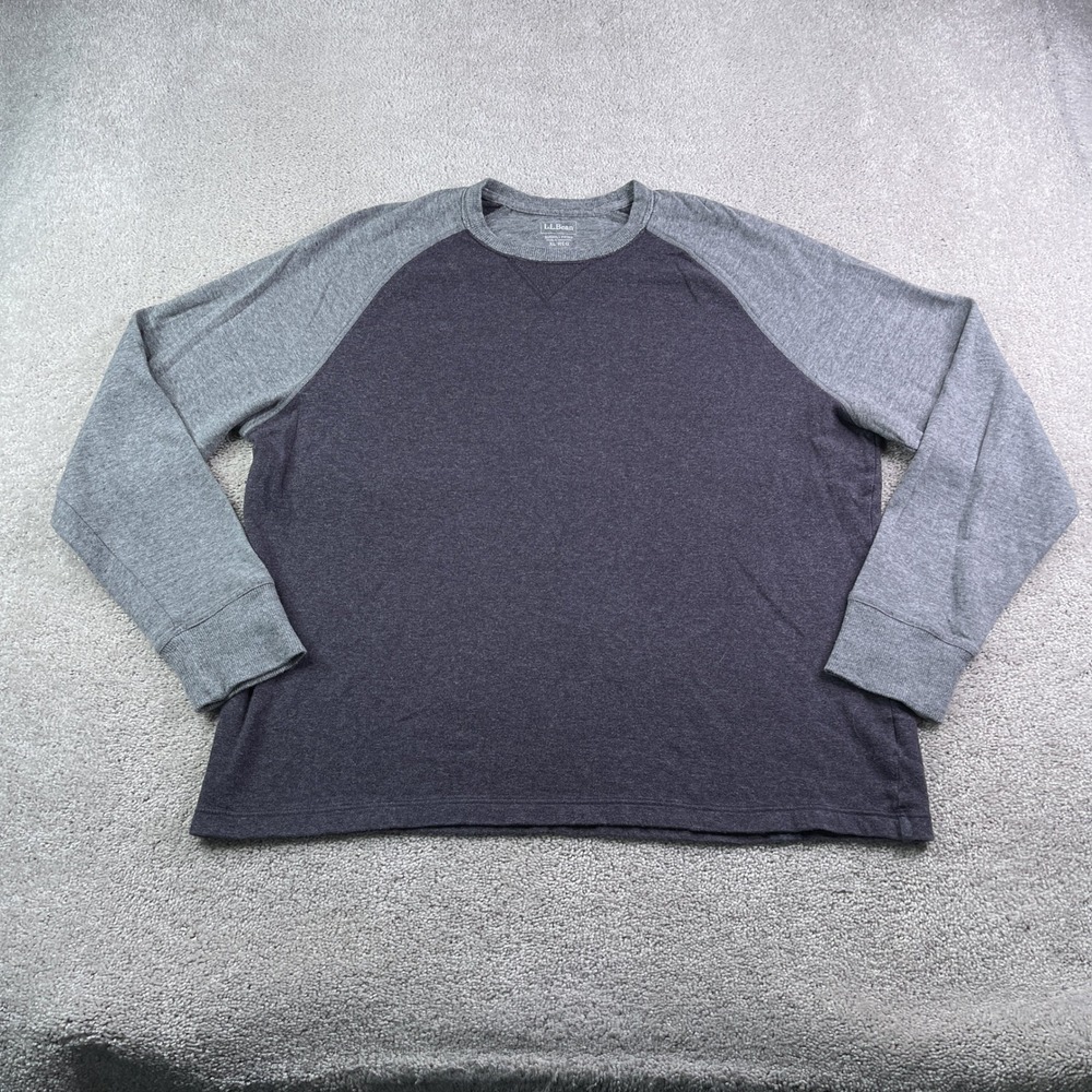 LL Bean Shirt Mens XL Gray Colorblock Raglan Washed Cotton Double Knit Crewneck